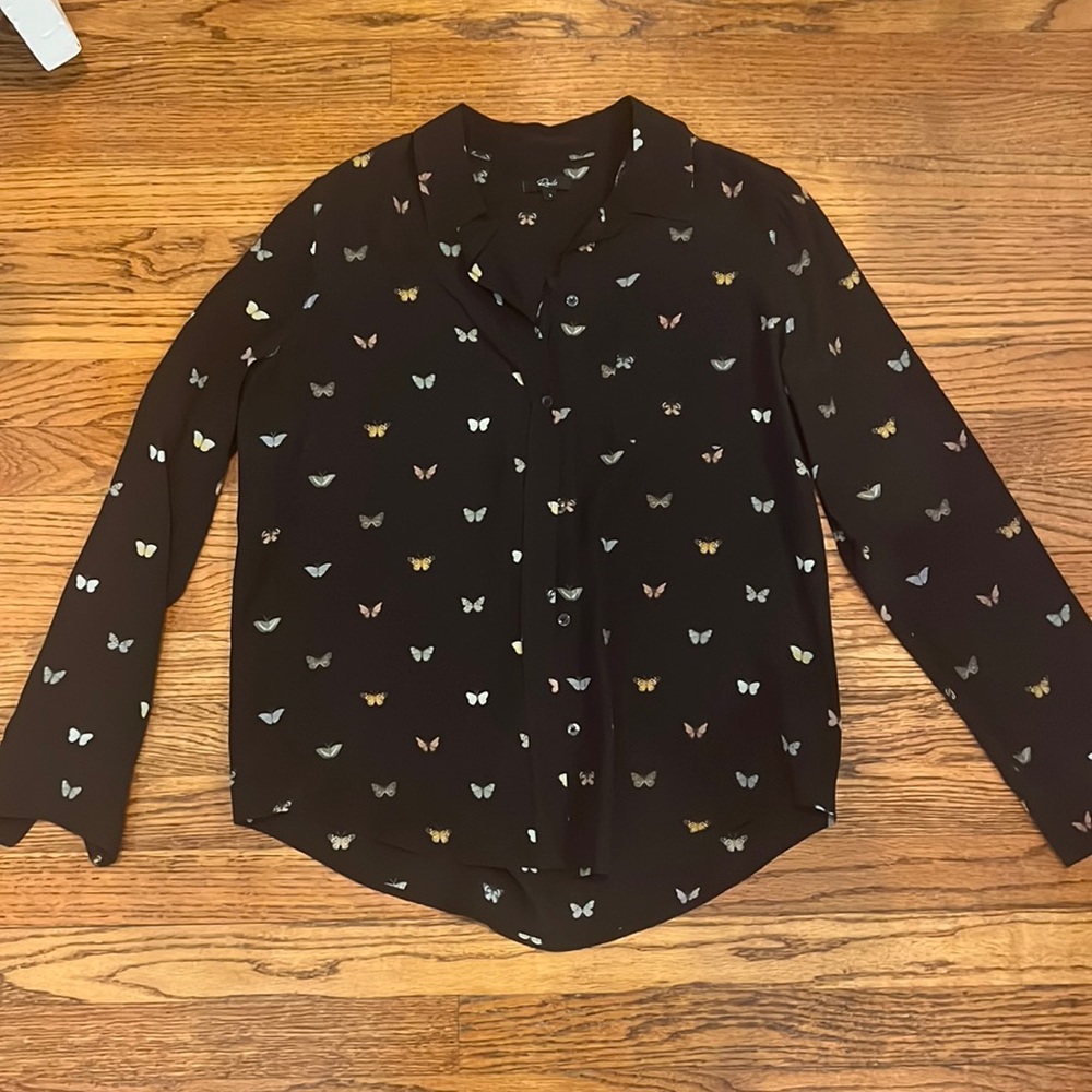 Rails Black 100% Silk Butterfly Print Long Sleeve… - image 1